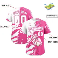 White Pink Full-Snap Tiger Graffiti Baseball Jersey 2