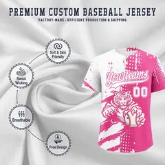 White Pink Full-Snap Tiger Graffiti Baseball Jersey 3