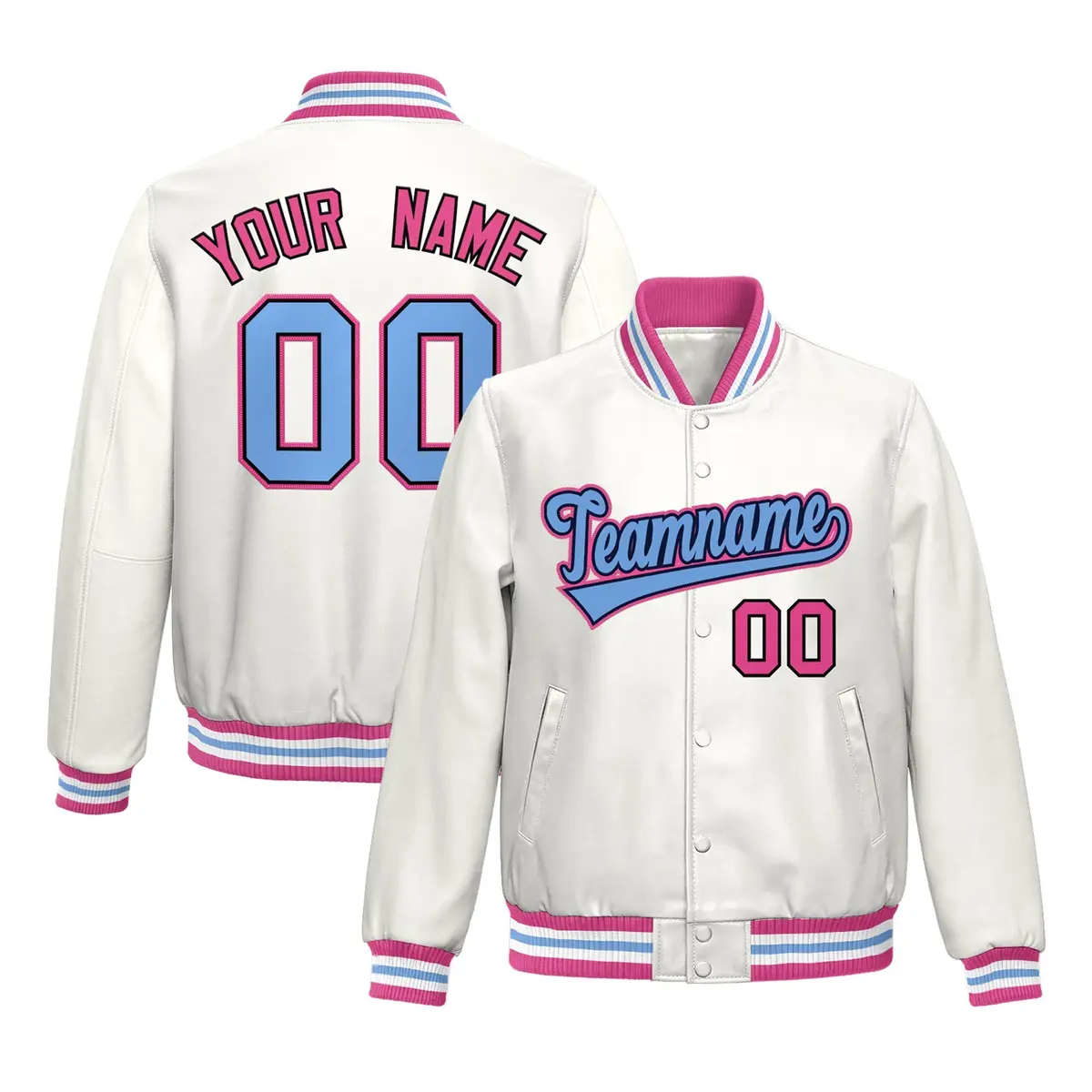 White Pink Full-Snap Varsity Faux Leather Letterman Jacket