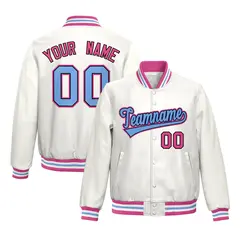 White Pink Full-Snap Varsity Faux Leather Letterman Jacket 1