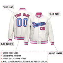 White Pink Full-Snap Varsity Faux Leather Letterman Jacket 2