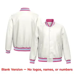 White Pink Full-Snap Varsity Faux Leather Letterman Jacket 6