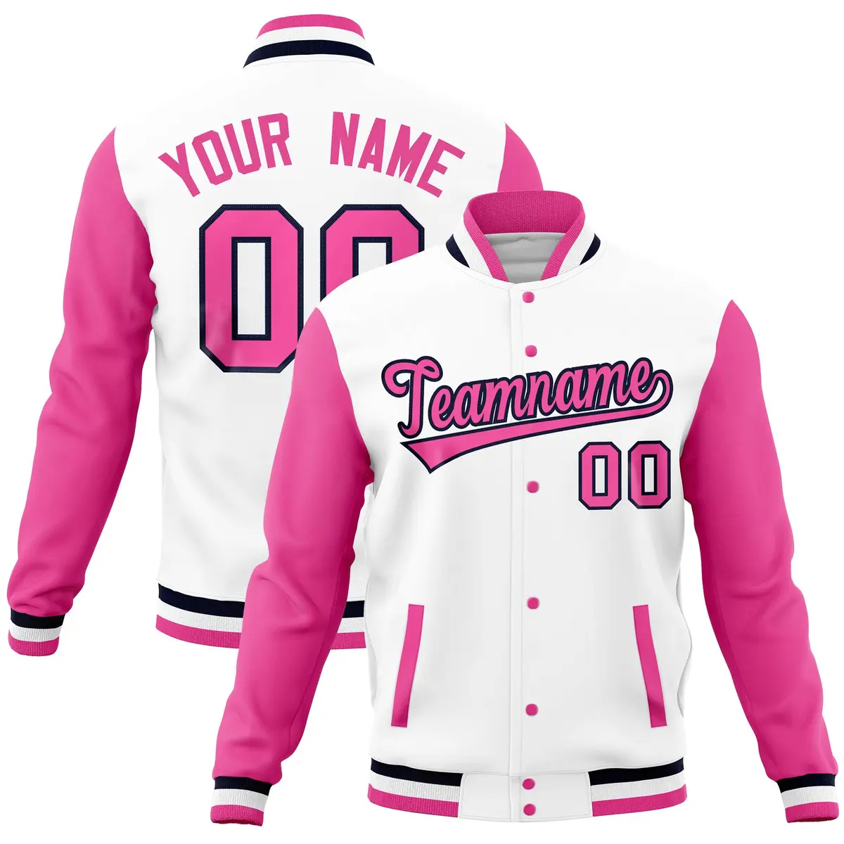 White Pink Full-Snap Varsity Raglan Letterman Baseball Jacket