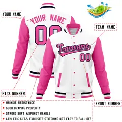 White Pink Full-Snap Varsity Raglan Letterman Baseball Jacket 4