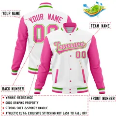 White Pink Full-Snap Varsity Raglan Letterman Baseball Jacket 4
