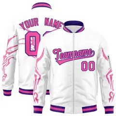 White Pink Full-Zip Dragon Head Graffiti Varsity Letterman Bomber Jacket