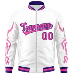 White Pink Full-Zip Dragon Head Graffiti Varsity Letterman Bomber Jacket 3