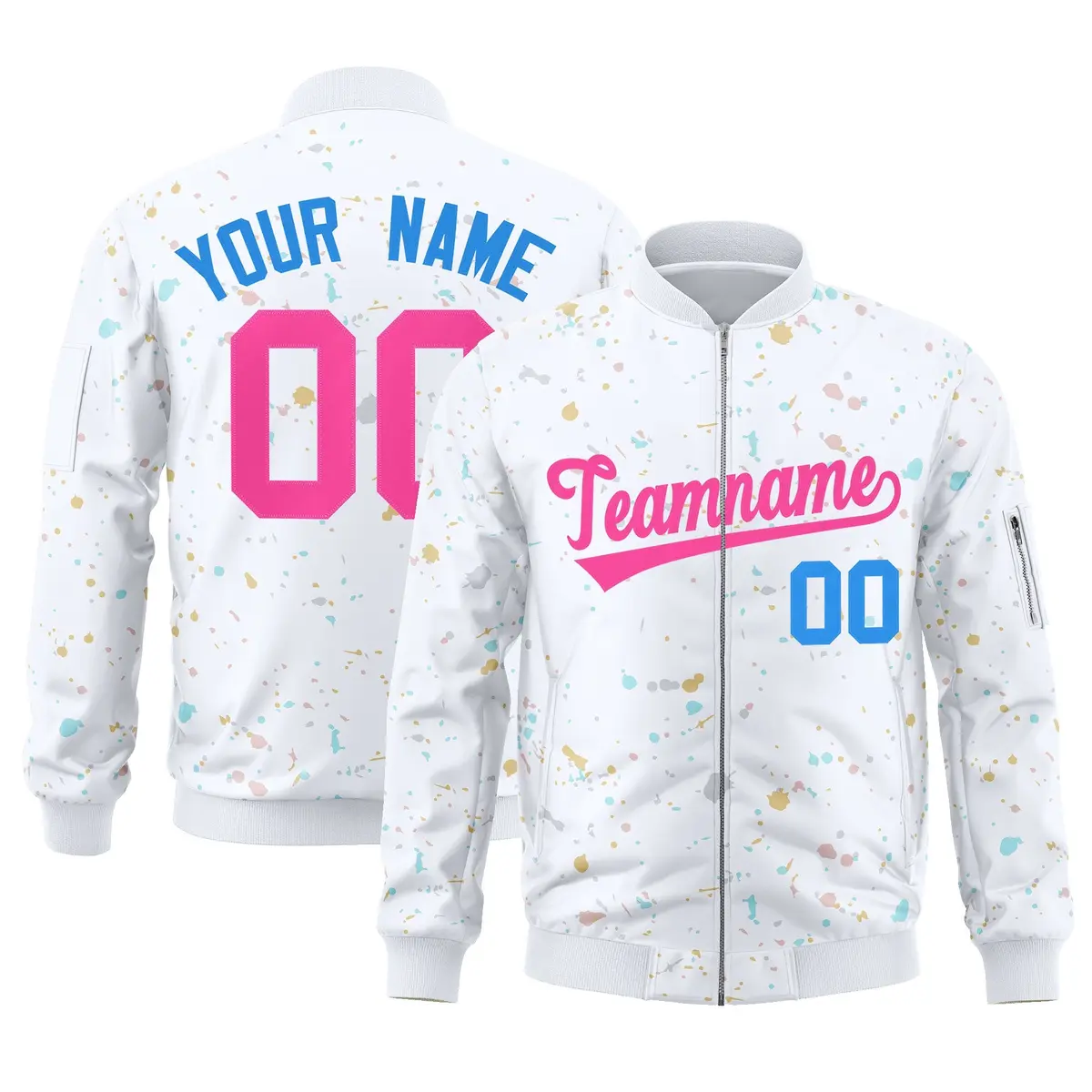 White Pink Full-Zip Graffiti Splash Varsity Letterman Jacket