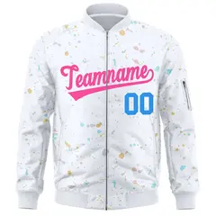 White Pink Full-Zip Graffiti Splash Varsity Letterman Jacket 3