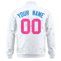 White Pink Full-Zip Graffiti Splash Varsity Letterman Jacket 4