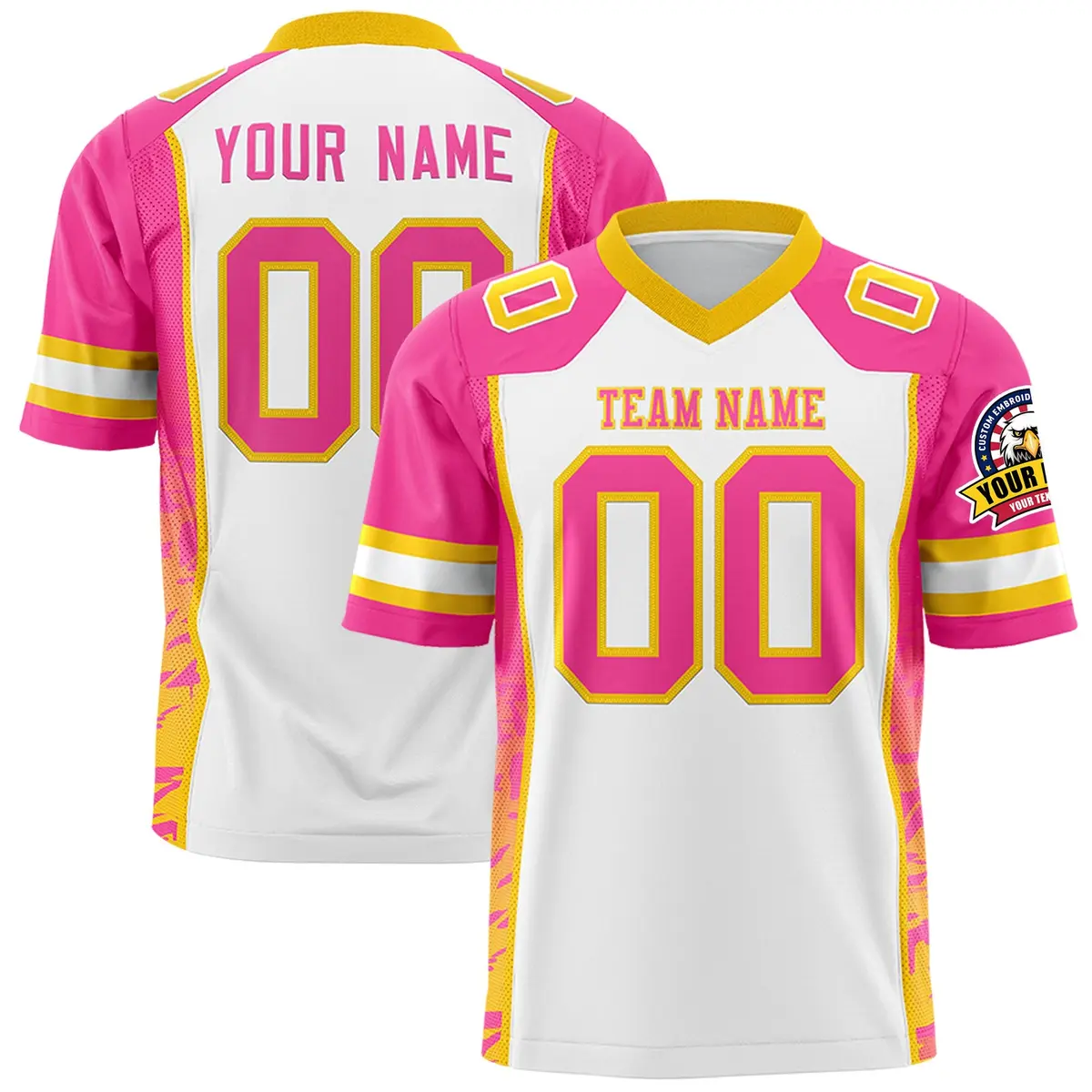 White Pink-Gold Raglan Side Pattern Football Jersey