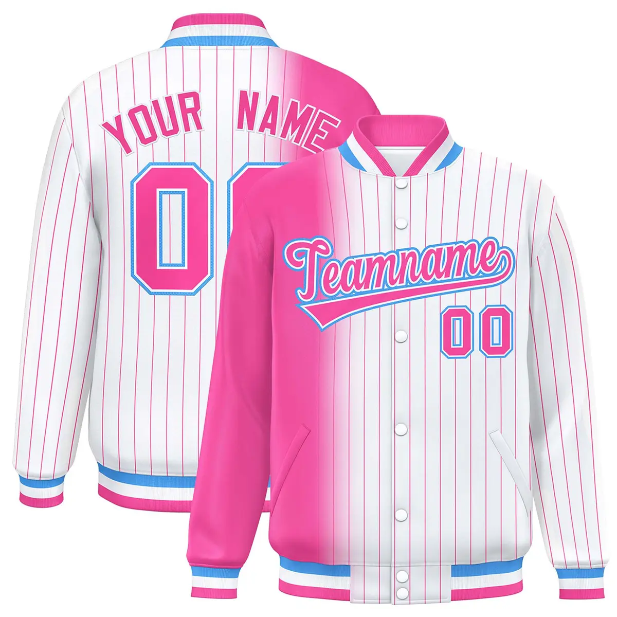 White Pink Gradient Pinstripe Full-Snap Letterman Jacket
