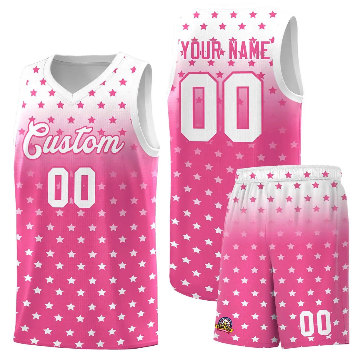 White Pink Gradient Star Pattern Basketball Jersey Sets
