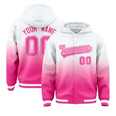 White Pink Gradient Varsity Letterman Full-Snap Jacket Hoodie