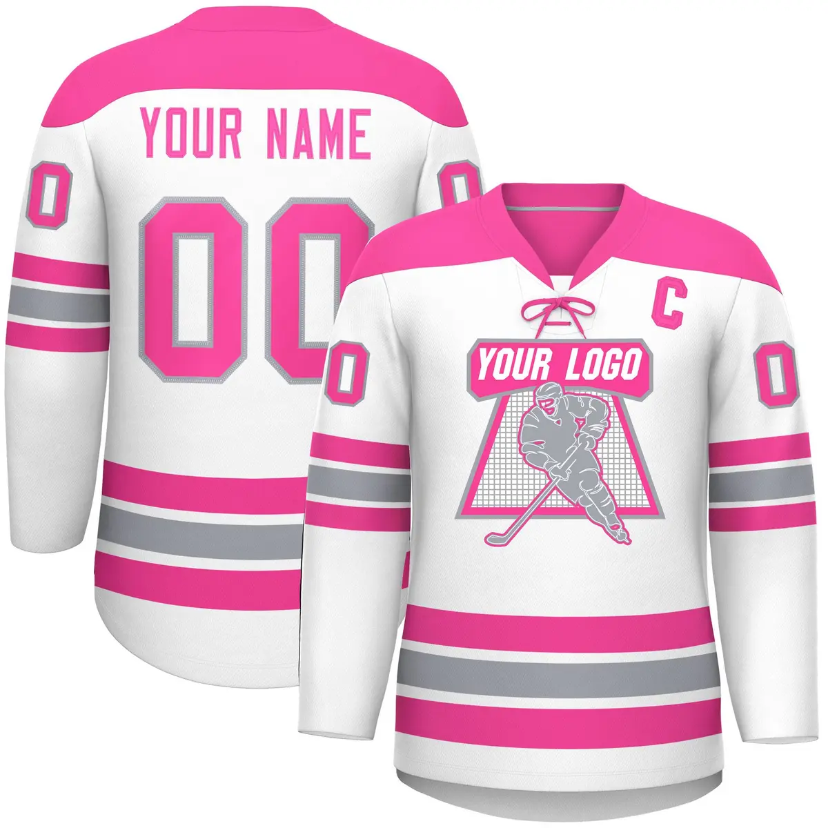 White Pink Gray Classic Lace-Up Neck Hockey Jersey
