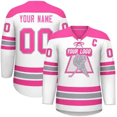 White Pink Gray Classic Lace-Up Neck Hockey Jersey 1