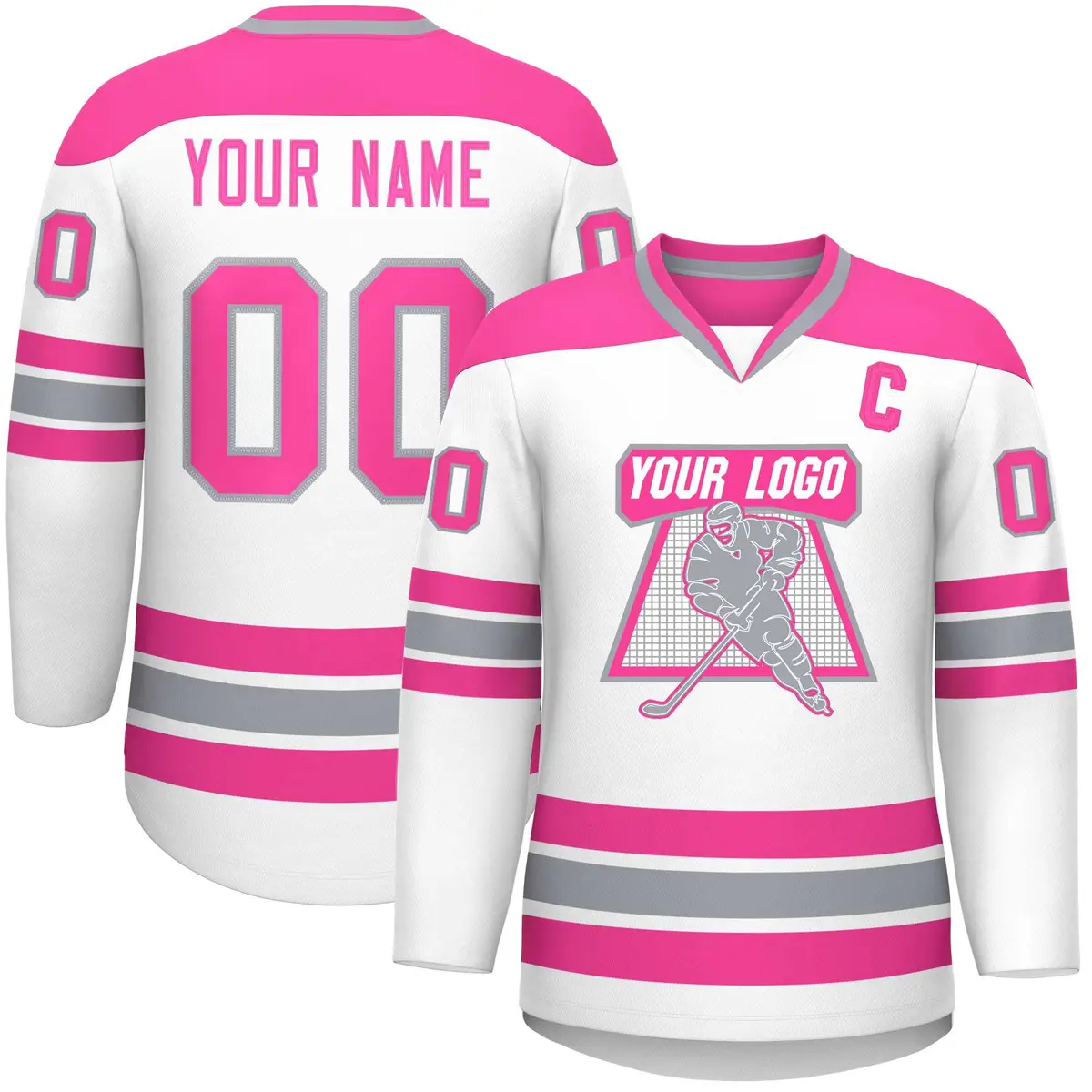 White Pink-Gray Classic V-Neck Hockey Jersey