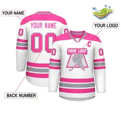 White Pink-Gray Classic V-Neck Hockey Jersey 2