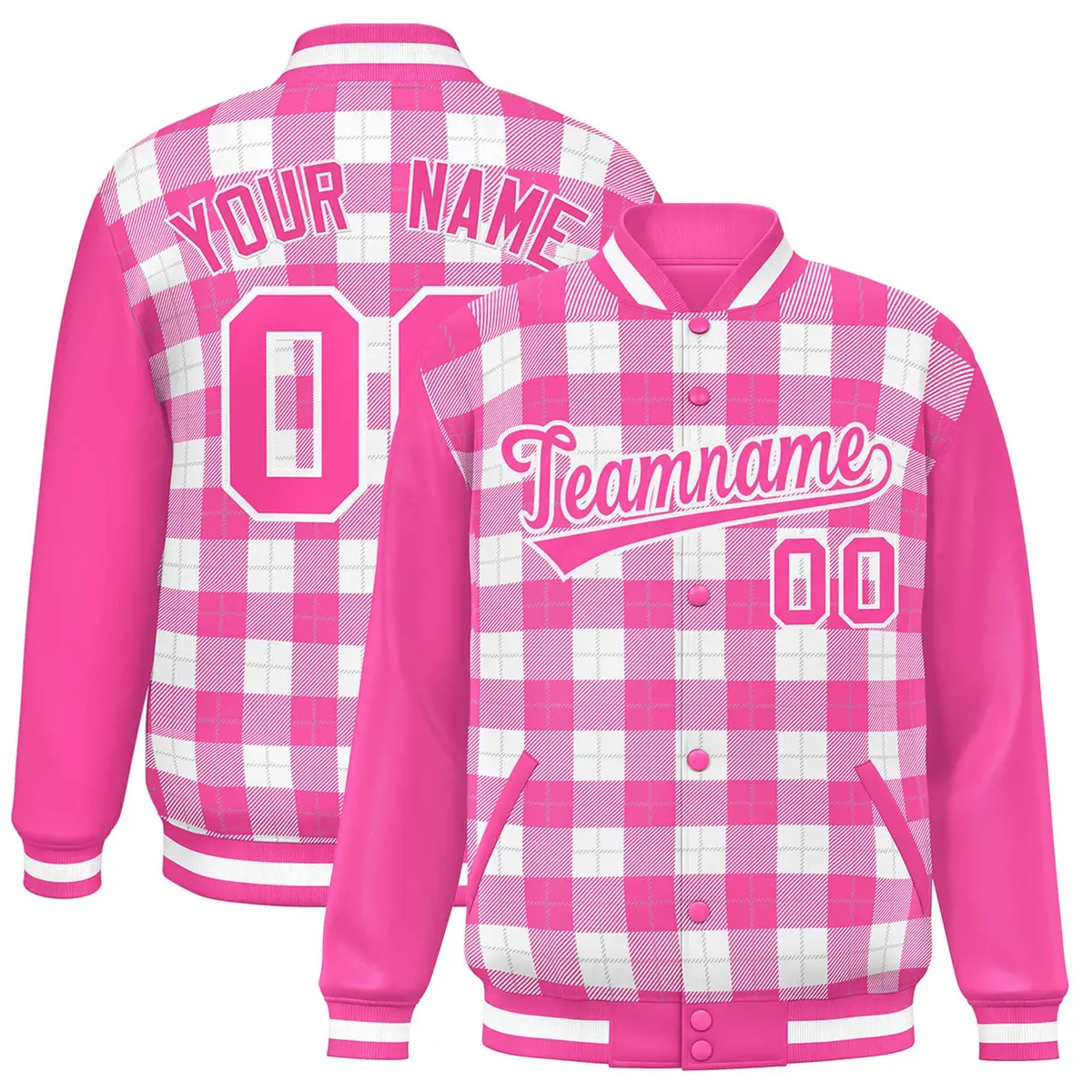 White Pink-Gray Plaid Varsity Letterman Baseball Jacket