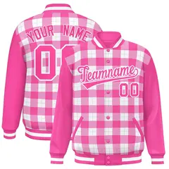 White Pink-Gray Plaid Varsity Letterman Baseball Jacket 1