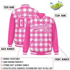 White Pink-Gray Plaid Varsity Letterman Baseball Jacket 2