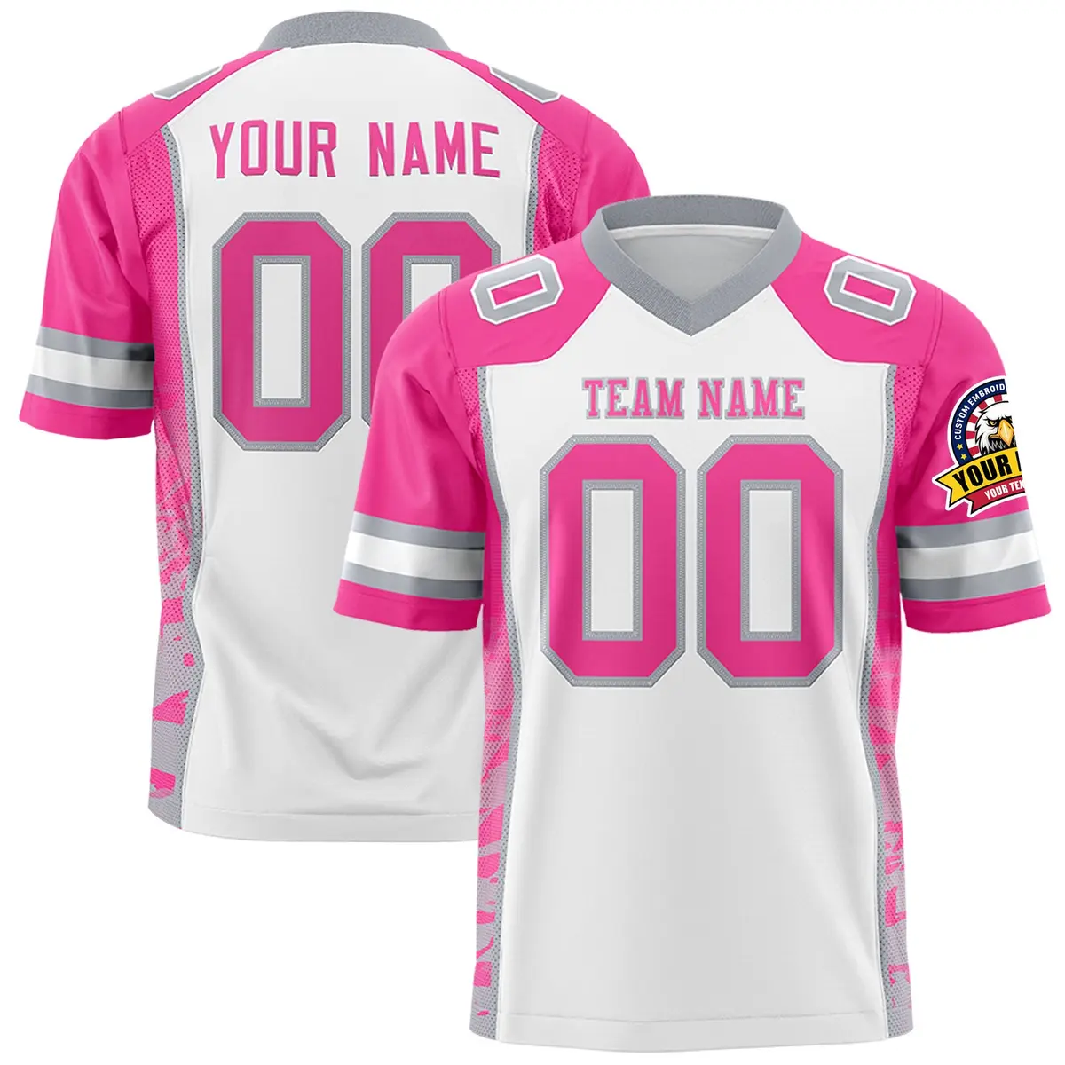 White Pink-Gray Raglan Side Pattern Football Jersey