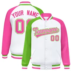 White Pink-Green Full-Snap Raglan Varsity Letterman Bomber Jacket