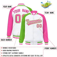 White Pink-Green Full-Snap Raglan Varsity Letterman Bomber Jacket 2