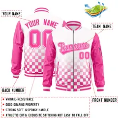 White Pink Grid Color Block Raglan Sleeve Varsity Letterman Jacket 2