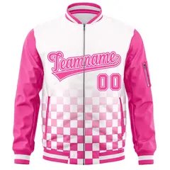 White Pink Grid Color Block Raglan Sleeve Varsity Letterman Jacket 3