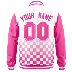 White Pink Grid Color Block Raglan Sleeve Varsity Letterman Jacket 4