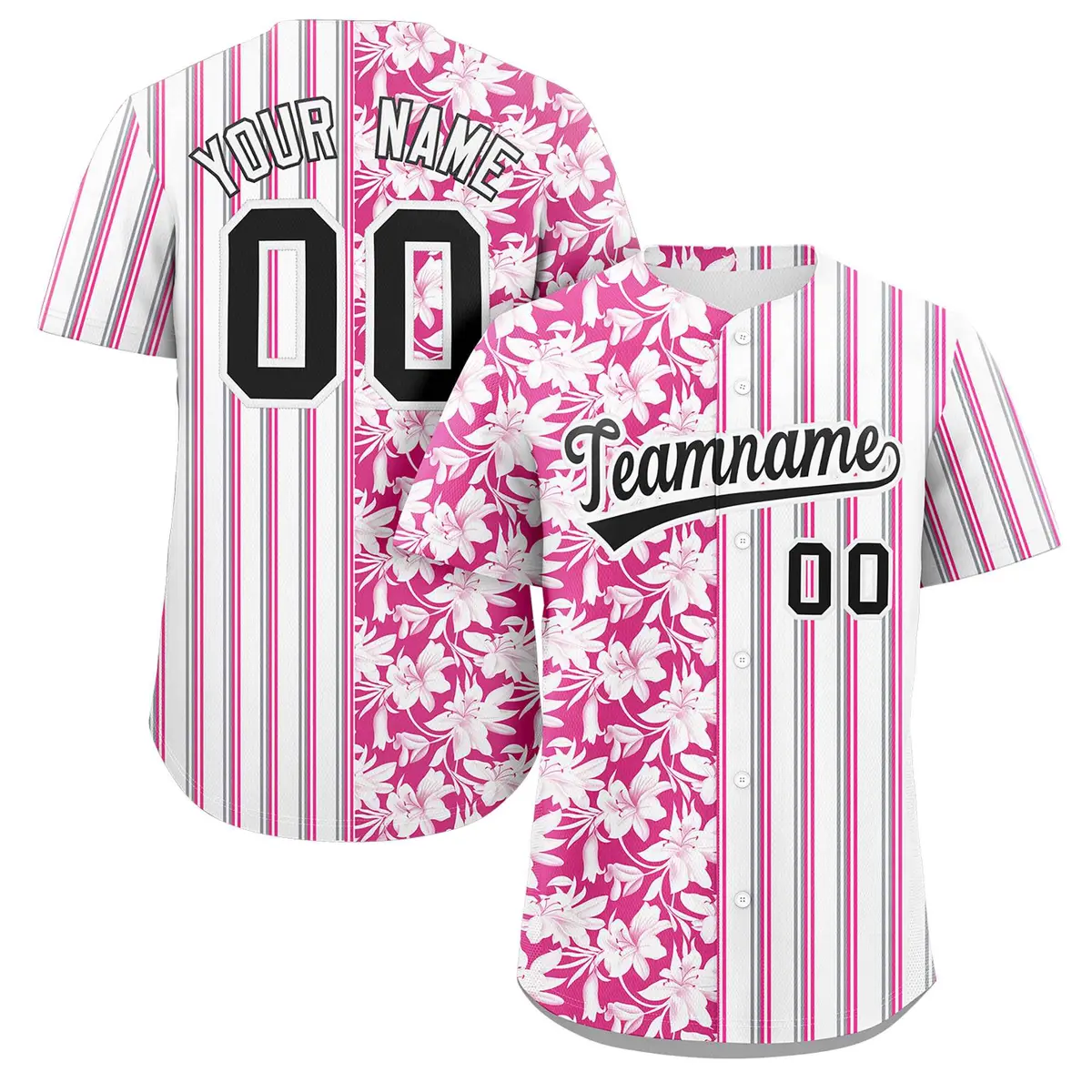 White Pink Hawaii Tropical Flower Stripe Baseball Jersey