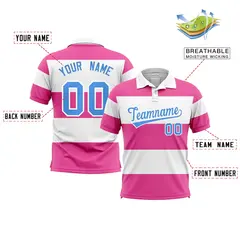 White-Pink Horizontal Stripe Performance Polo Shirt 2
