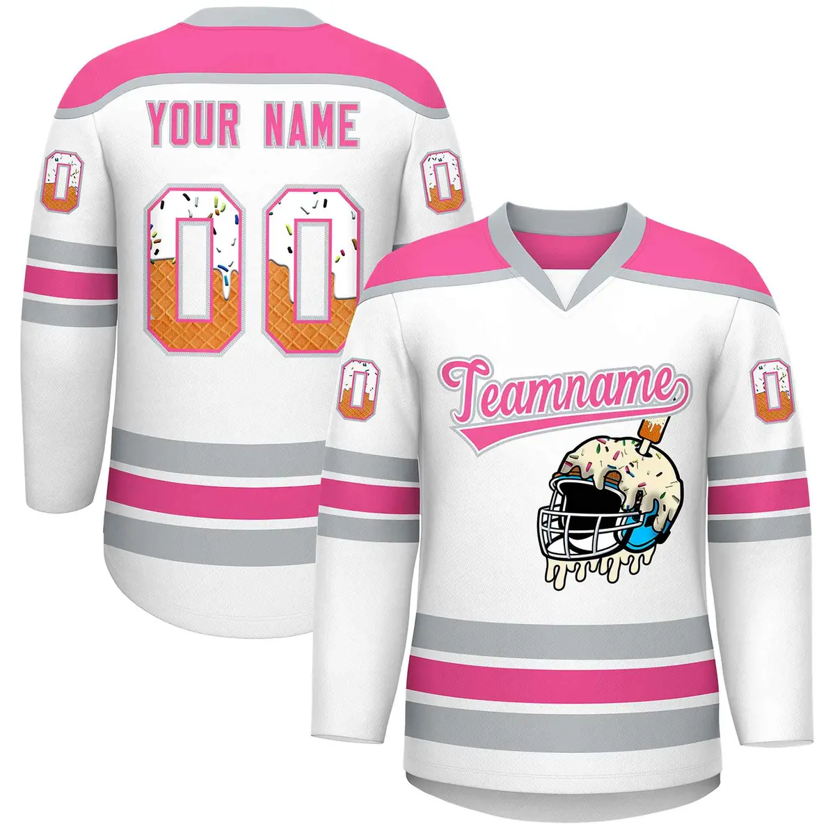 White Pink Ice Cream Helmet Pattern Hockey Jersey