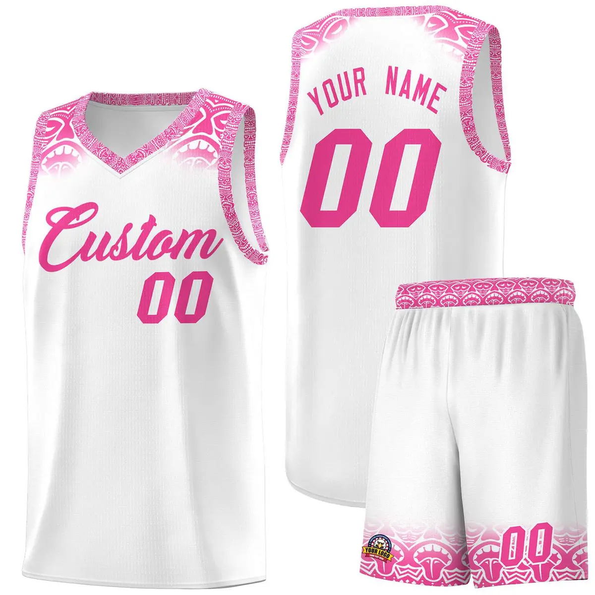 White Pink Indians Print Basketball Jersey Sets