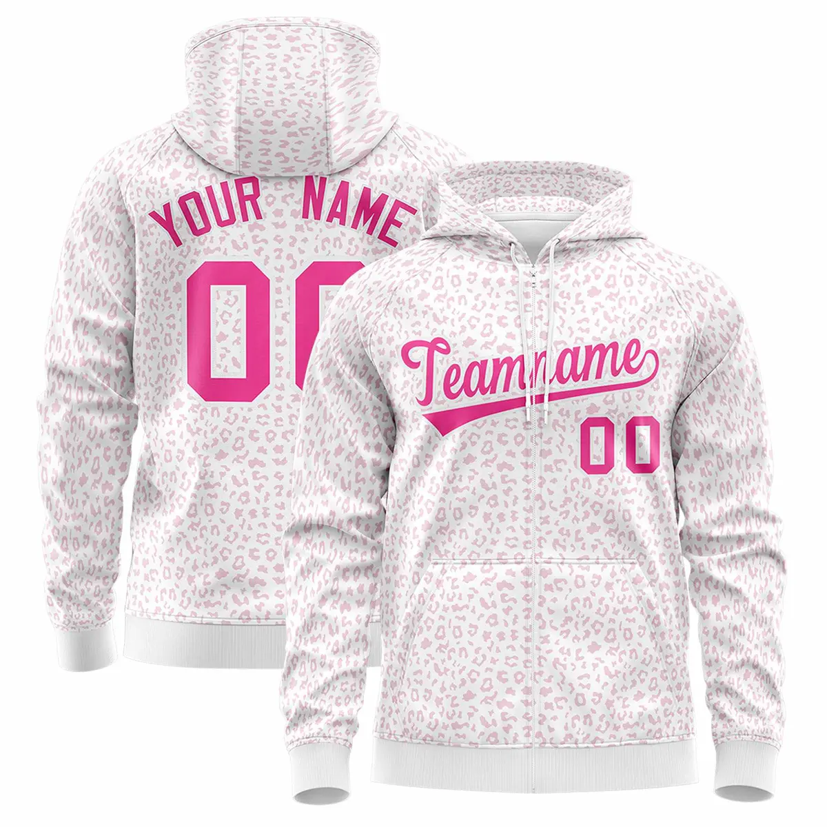 White Pink Leopard Print Varsity Full-Zip Letterman Jacket Hoodie