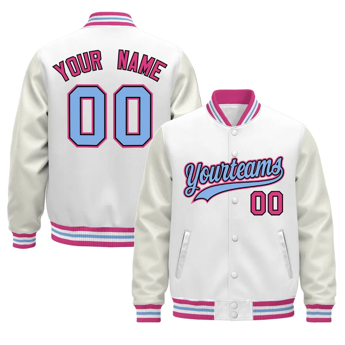 White Pink Light Blue Varsity Jacket with Faux Leather Sleeves