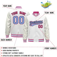 White Pink Light Blue Varsity Jacket with Faux Leather Sleeves 2