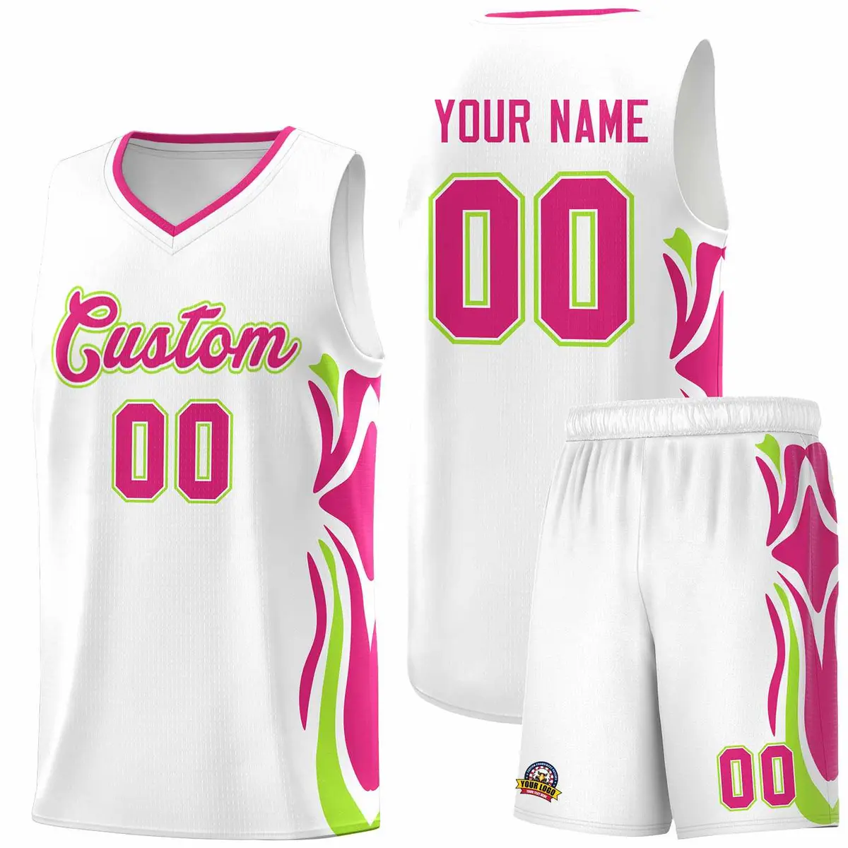 White Pink-Light Green Graffiti Side Curve Basketball Jersey Sets