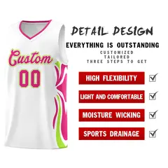 White Pink-Light Green Graffiti Side Curve Basketball Jersey Sets 2