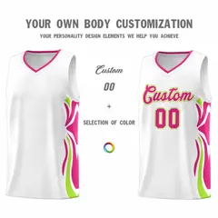 White Pink-Light Green Graffiti Side Curve Basketball Jersey Sets 3