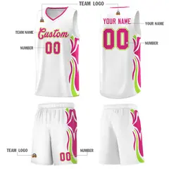 White Pink-Light Green Graffiti Side Curve Basketball Jersey Sets 5