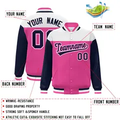 White Pink-Navy Color Block Letterman Varsity Baseball Jacket 2
