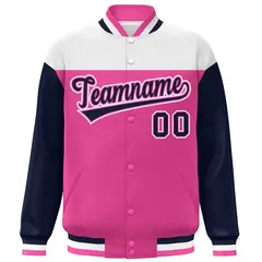 White Pink-Navy Color Block Letterman Varsity Baseball Jacket 3