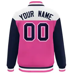 White Pink-Navy Color Block Letterman Varsity Baseball Jacket 4