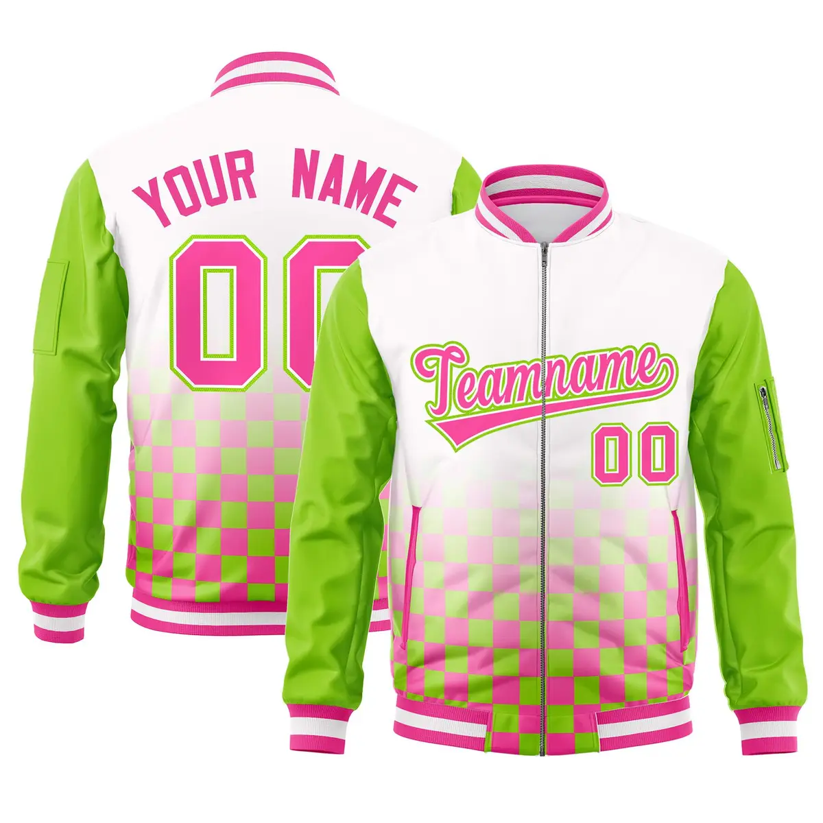 White Pink-Neon Green Grid Color Block Letterman Raglan Jacket