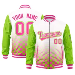 White Pink-Neon Green Grid Color Block Letterman Raglan Jacket 1