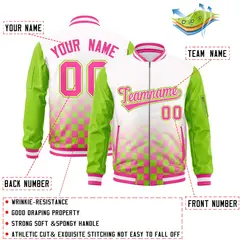 White Pink-Neon Green Grid Color Block Letterman Raglan Jacket 2