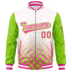 White Pink-Neon Green Grid Color Block Letterman Raglan Jacket 3