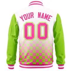 White Pink-Neon Green Grid Color Block Letterman Raglan Jacket 4